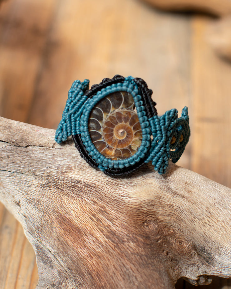 Ammonite Fossil Blue Macrame Bracelet