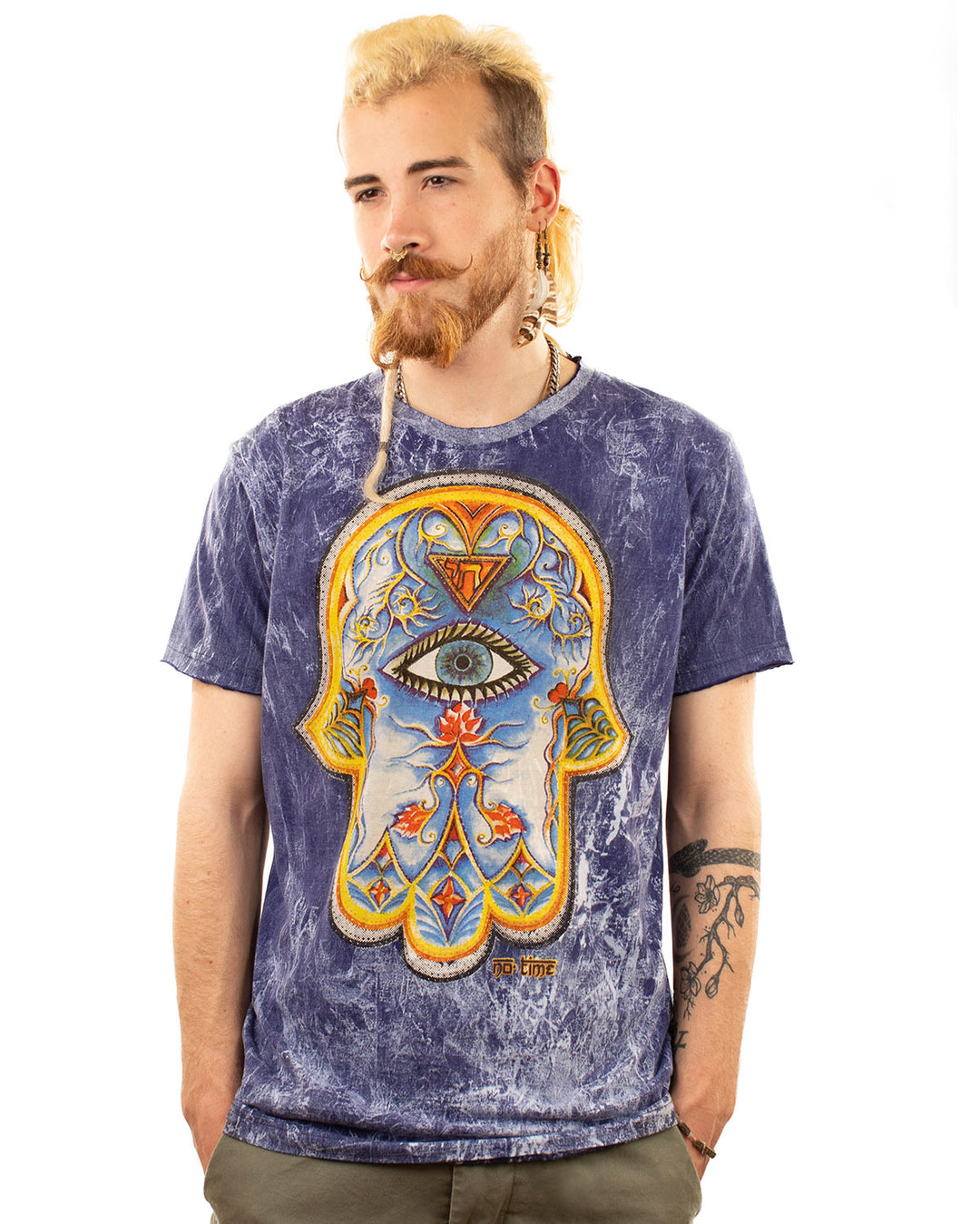 Stonewash Fatima Hand Evil Eye Cotton T-shirt Navy Blue