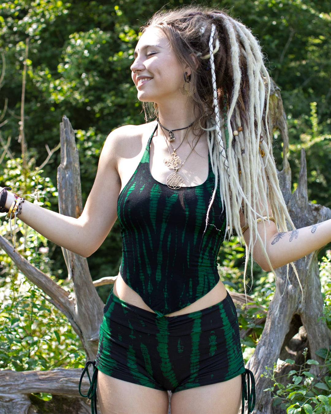 Tie Dye Halterneck Crop Top Green Black