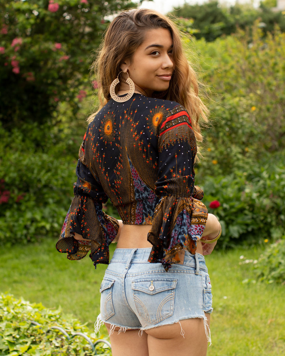 Butterfly Bell Sleeve Wrap Crop Top Black