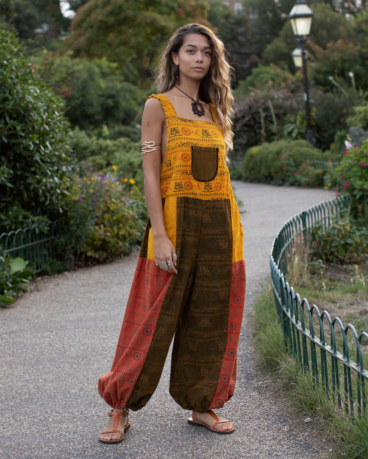 Patchwork Ohm Mandala Dungarees Yellow/Red