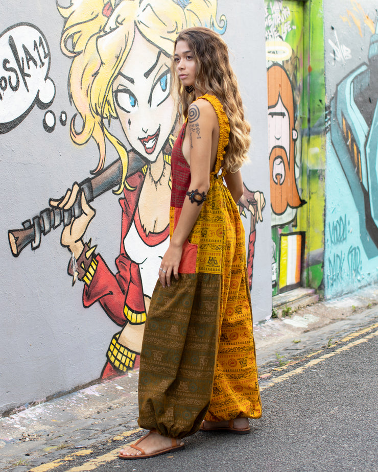 Patchwork Ohm Mandala Dungarees Red/Yellow