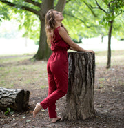 COTTON HIGH WAISTED JUMPSUIT MAROON