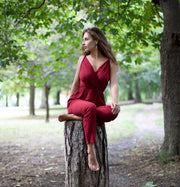 COTTON HIGH WAISTED JUMPSUIT MAROON