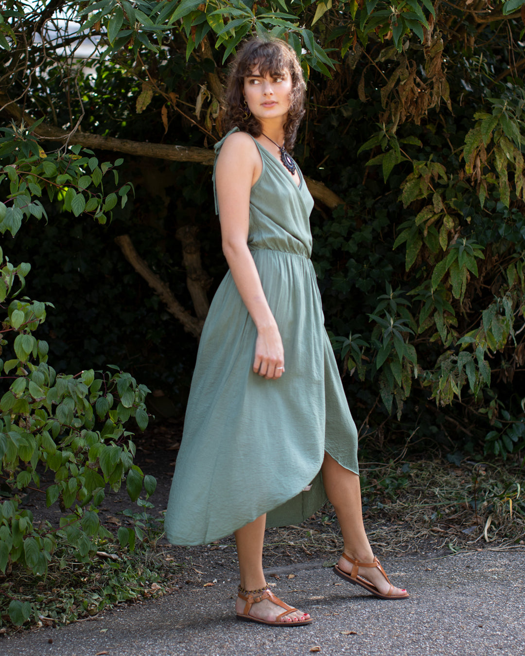 Asymmetric Cotton Dress Green/Grey