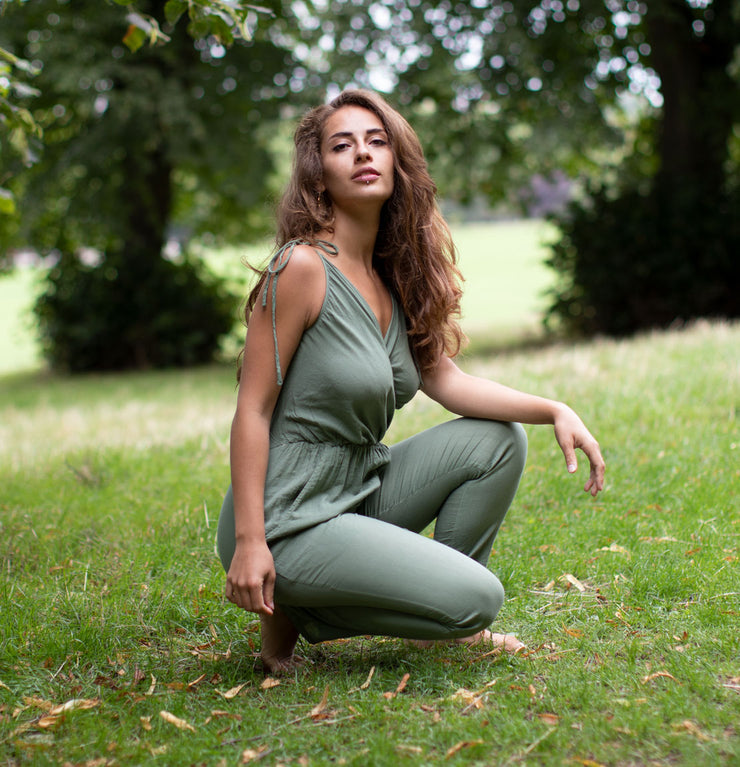 COTTON HIGH WAISTED JUMPSUIT GREEN/GREY